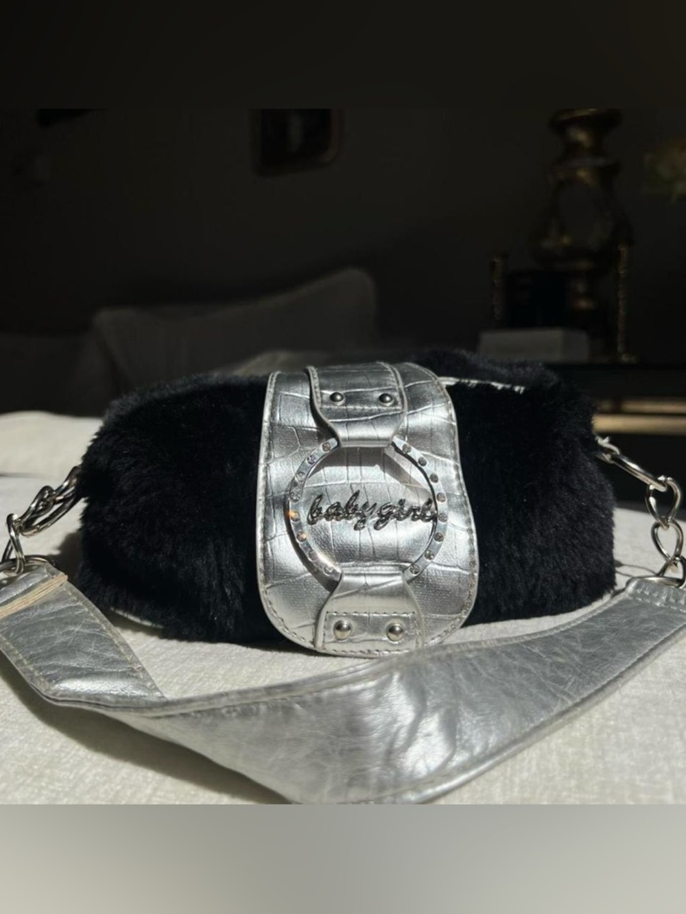 Chateau Black Faux Fur Shoulder Bag with Silver Accent